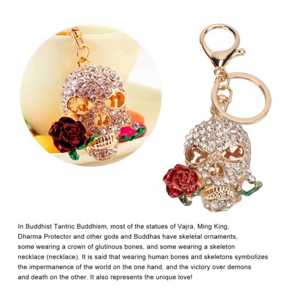 Rhinestone Skull and Rose Bag Charm Keychain New